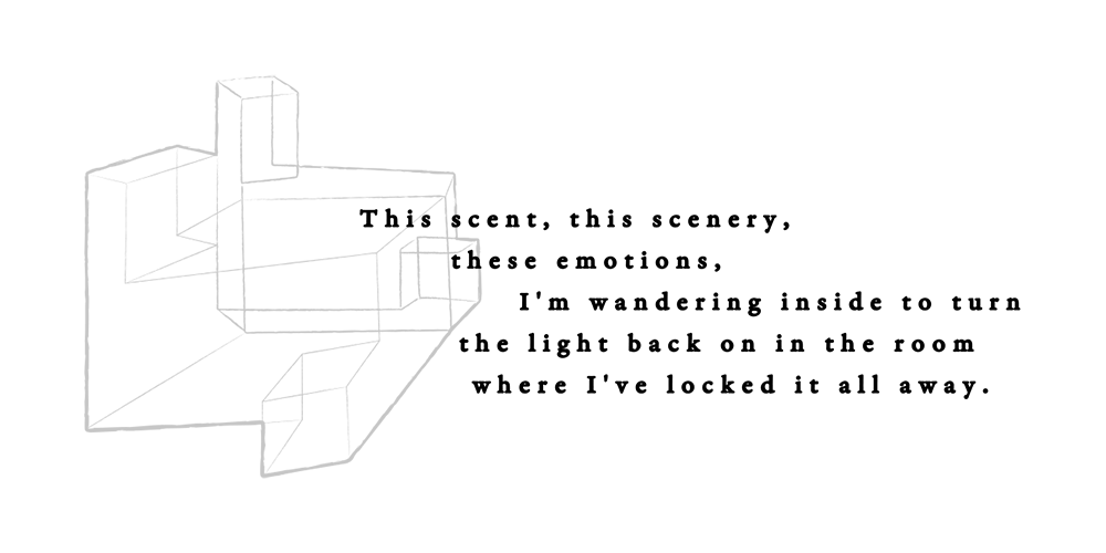 この香り この景色 この感情をしまい込んだ部屋の明かりを再び灯すため 私は内側を彷徨っている　This scent, this scenery, these emotions, I'm wandering inside to turn the light back on in the room where I've locked it all away.